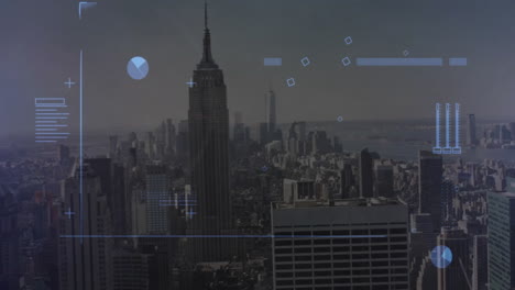 digital data processing animation over cityscape with skyscrapers and river