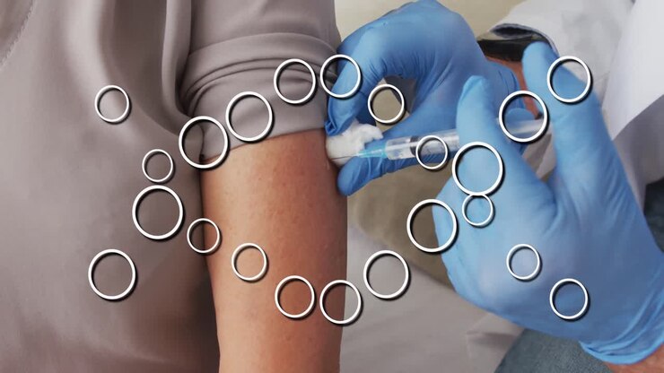 Animation of dna strand over caucasian doctor vaccinating