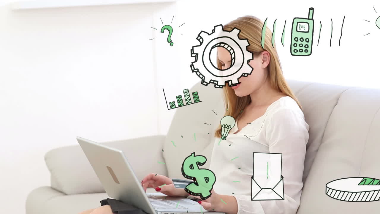 animazione di icone aziendali su donna caucasica che usa un portatile