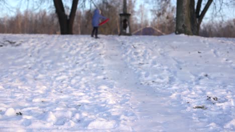 niña pequeña sube a los toboganes en el trineo de hielo, invierno