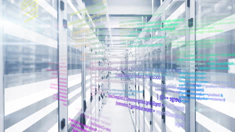 colorful coding text animation over data servers in modern data center