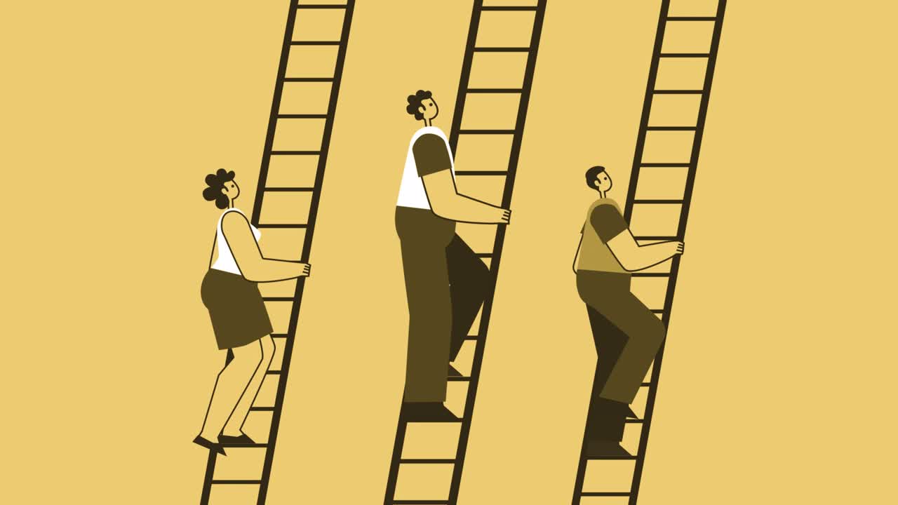 Yellow Style Flat Characters Climbing Up the Ladder. Teamwork Business Concept. Isolated Loop Animation with Alpha Channel
