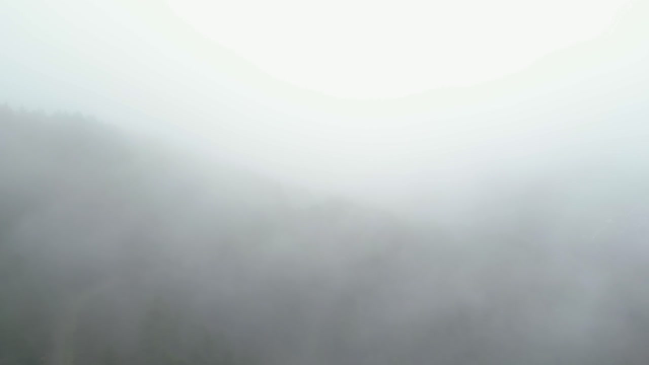 웨일즈의 숲이 많은 계곡 위의 낮은 구름을 통해 드론 비행