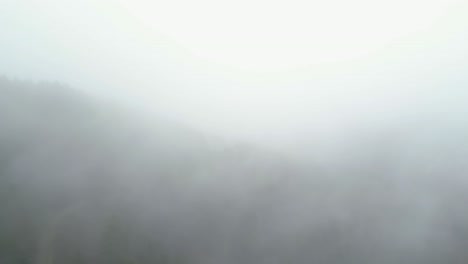 Drone-flight-through-low-clouds-over-a-forested-valley-in-Wales