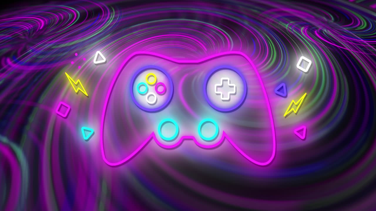 활기찬 네온 배경에서  ⁇ 박이는 네온 게임 제어 패드의 애니메이션