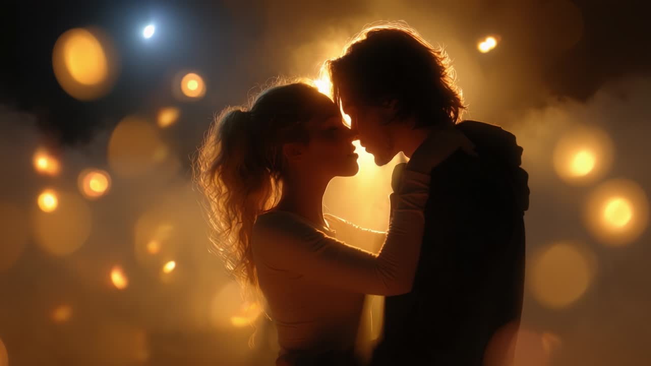A captivating moment shared between two individuals enveloped in a glowing atmosphere, highlighting the intensity of their gaze and the connection within a dreamy, magical setting filled with enchanting lights and soft fog