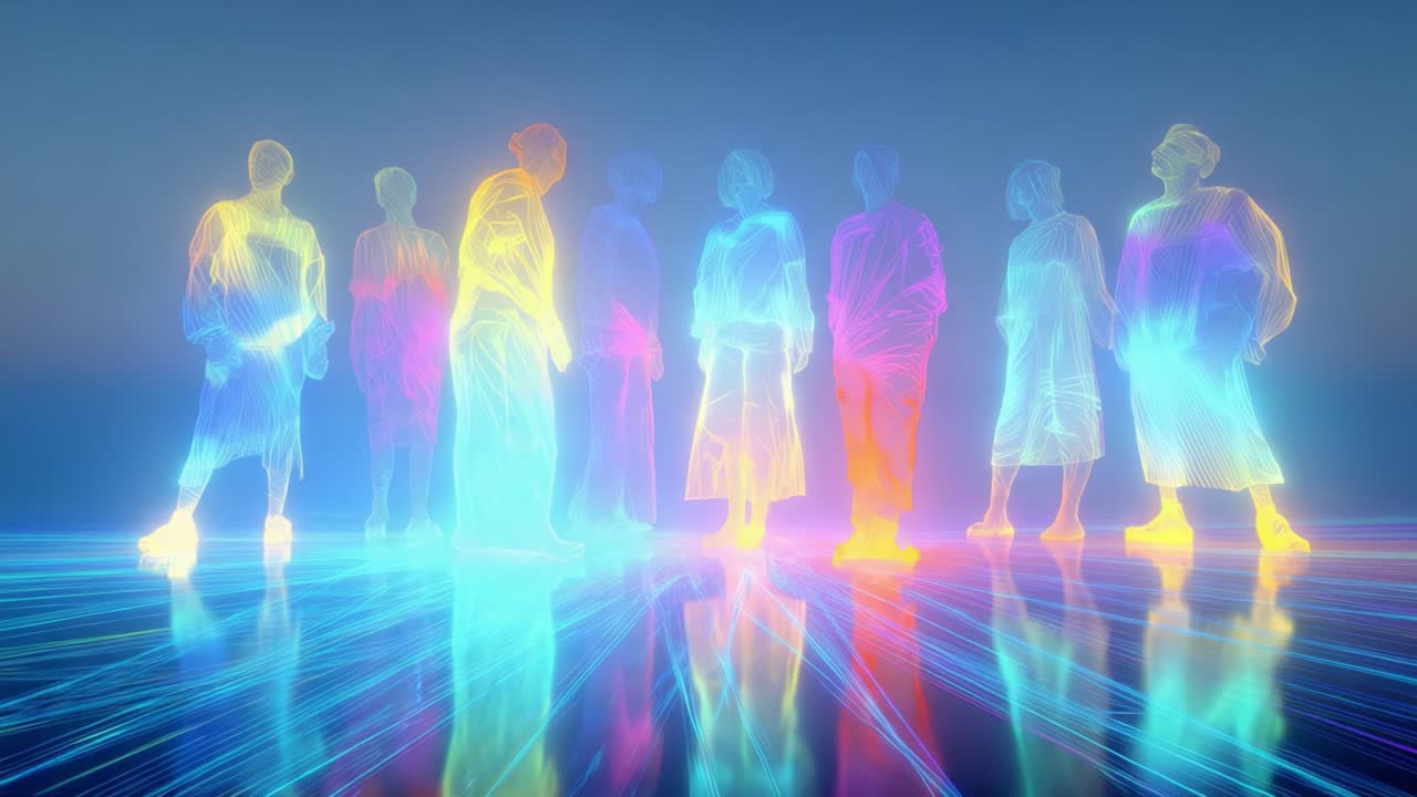 A mesmerizing gathering of ethereal, holographic figures radiates a vibrant spectrum of colors, creating an otherworldly ambiance as they interact within a futuristic, luminous space