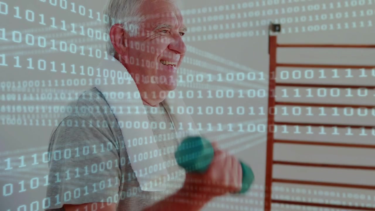 Senior man lifting teal dumbbell and doing biceps curls in rehab with binary overlay tracking