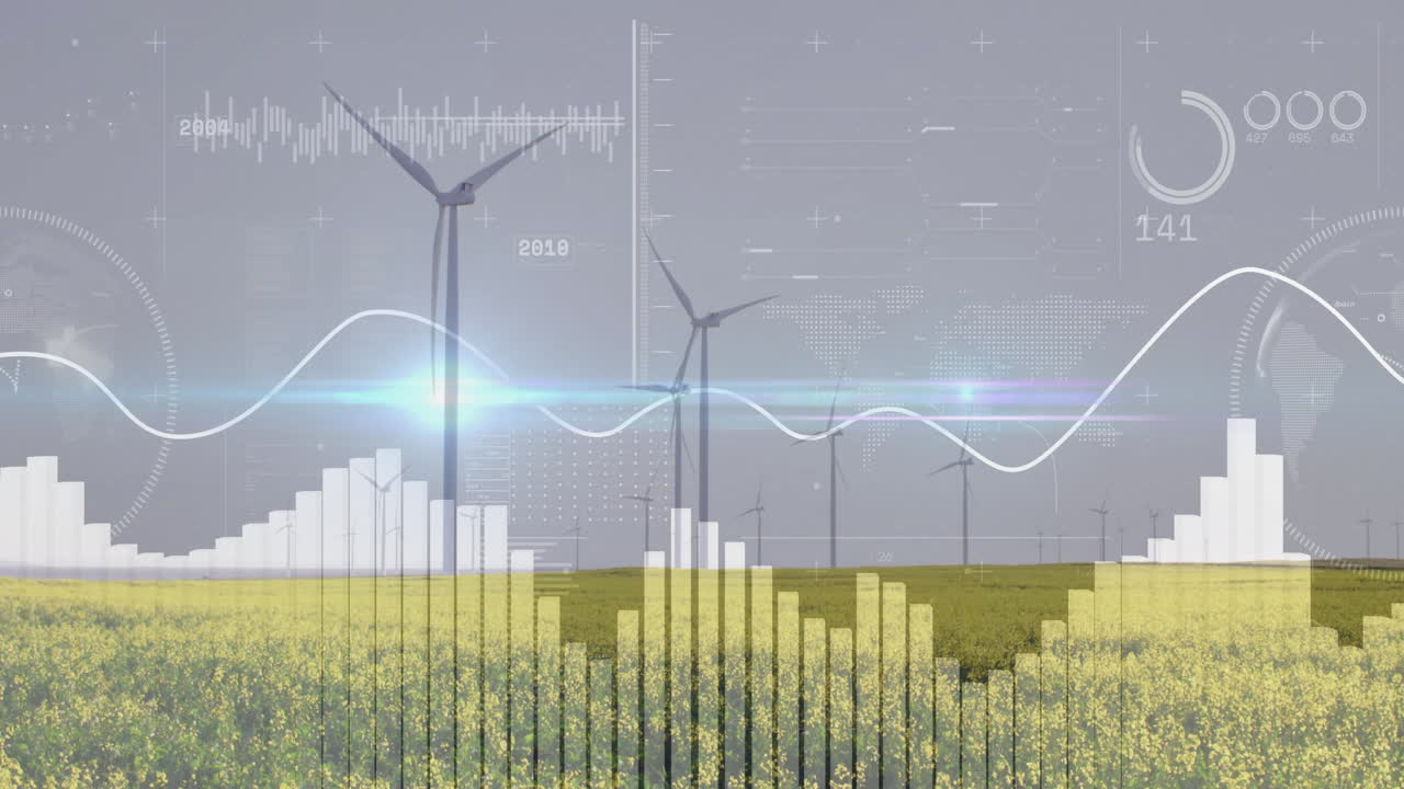 Wind turbines in field with data graphs and charts overlay animation