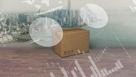 animation of infographic interface, falling cardboard box over aerial view of cityscape against sky