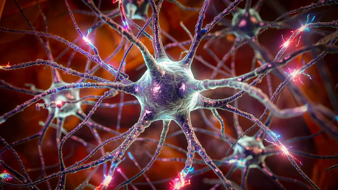 Abstract macro view of a luminous neuron cell with branching axons and sparkling synaptic activity on a warm organic background