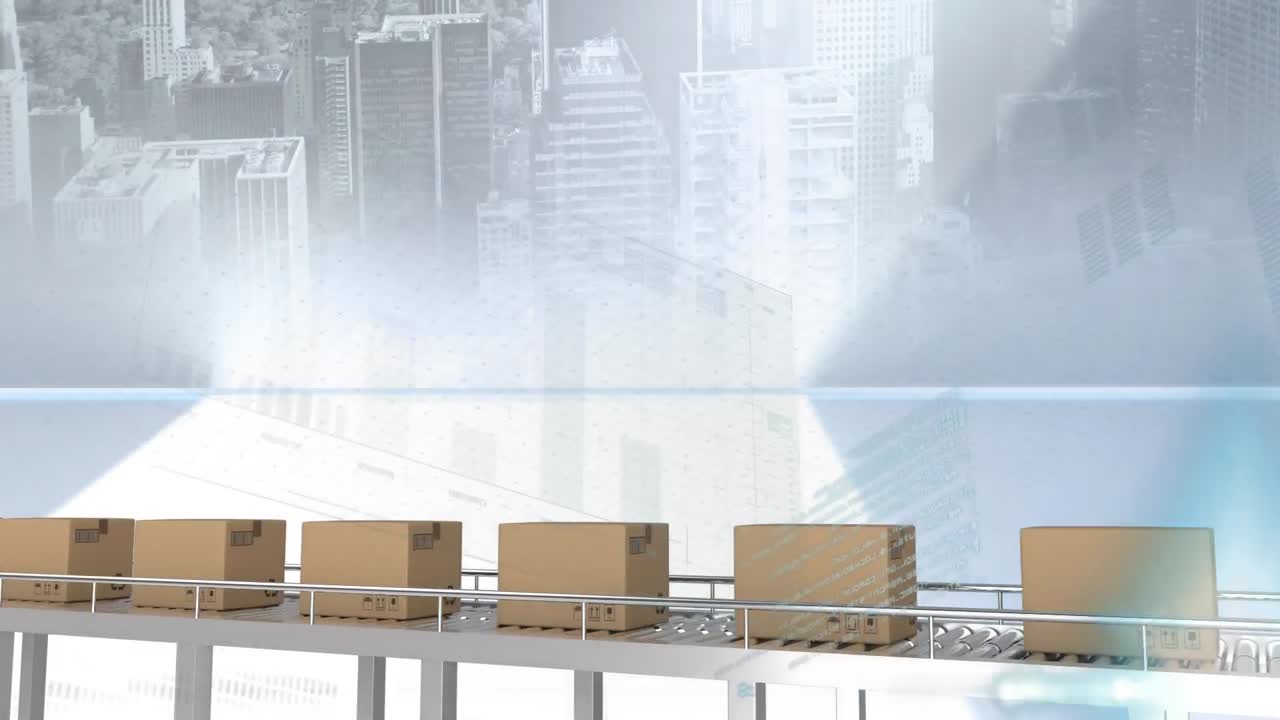 컨베이어 벨트와 도시 풍경에 있는 카드보드 상자 위의 통계 처리의 애니메이션
