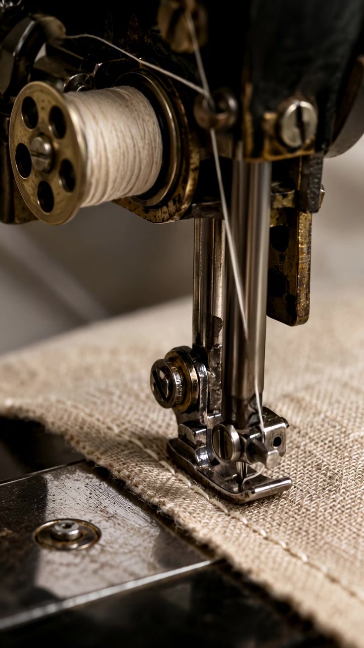 Close macro of threaded sewing machine needle descending into coarse woven fabric while presser foot and feed mechanism guide seam formation, visible moving metal parts, thread tension and warm