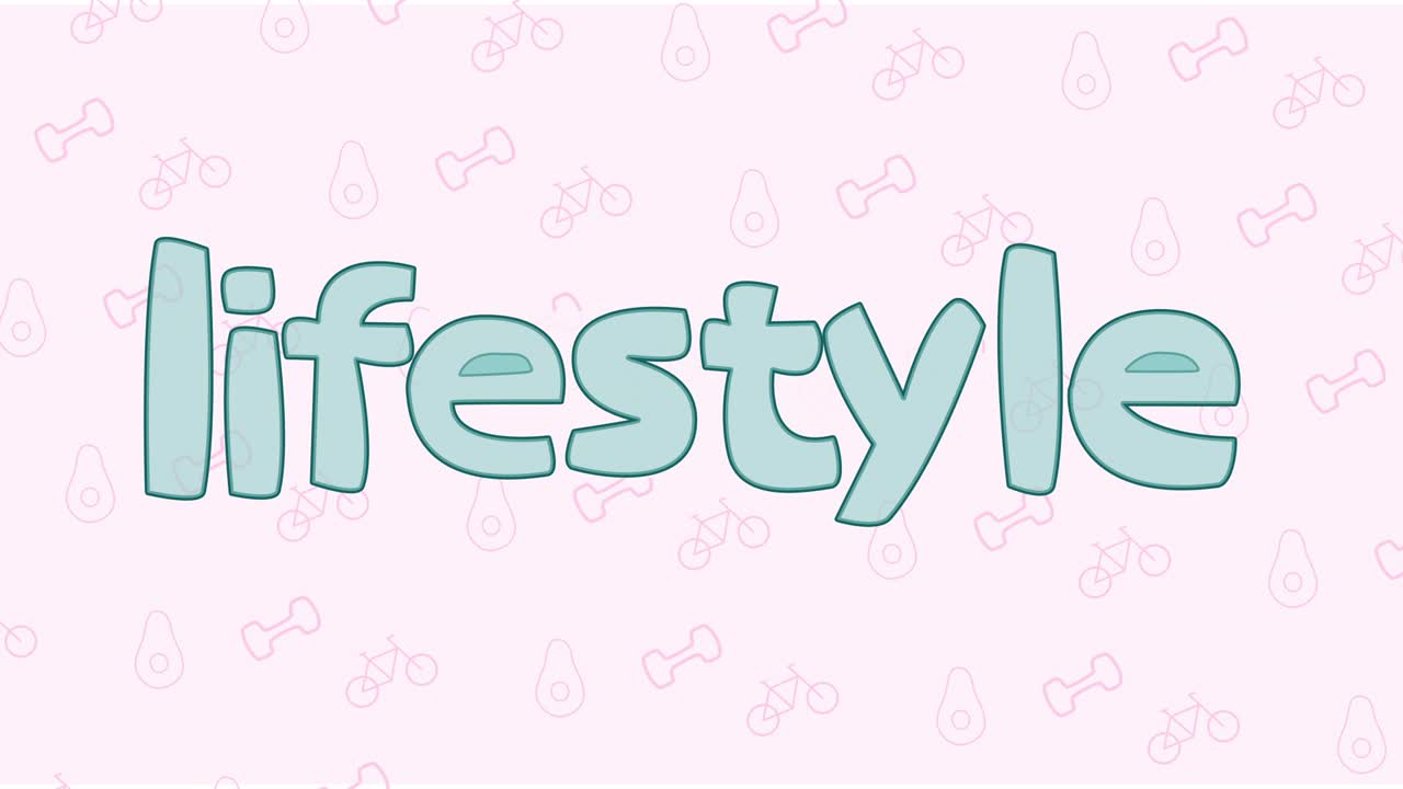 라이프 스타일의 애니메이션: 움직이는 글자와 텍스트 배경, 아보카도, 자전거, 스포츠 및 피트니스, 움직이는 그림, 건강한 음식 및 라이프스타일 개념, 분홍색과 파란색.