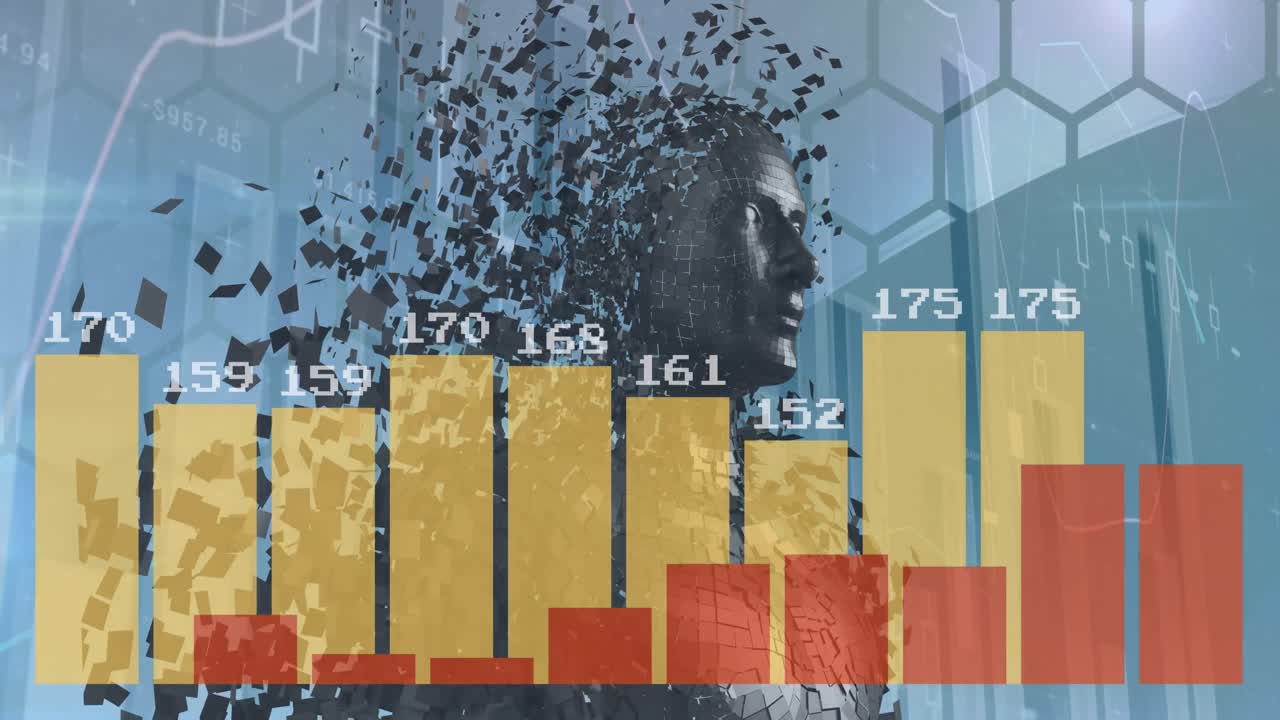 анимация финансового графика с цифрами на шестиугольниках и рассеянным человеческим силуэтом.