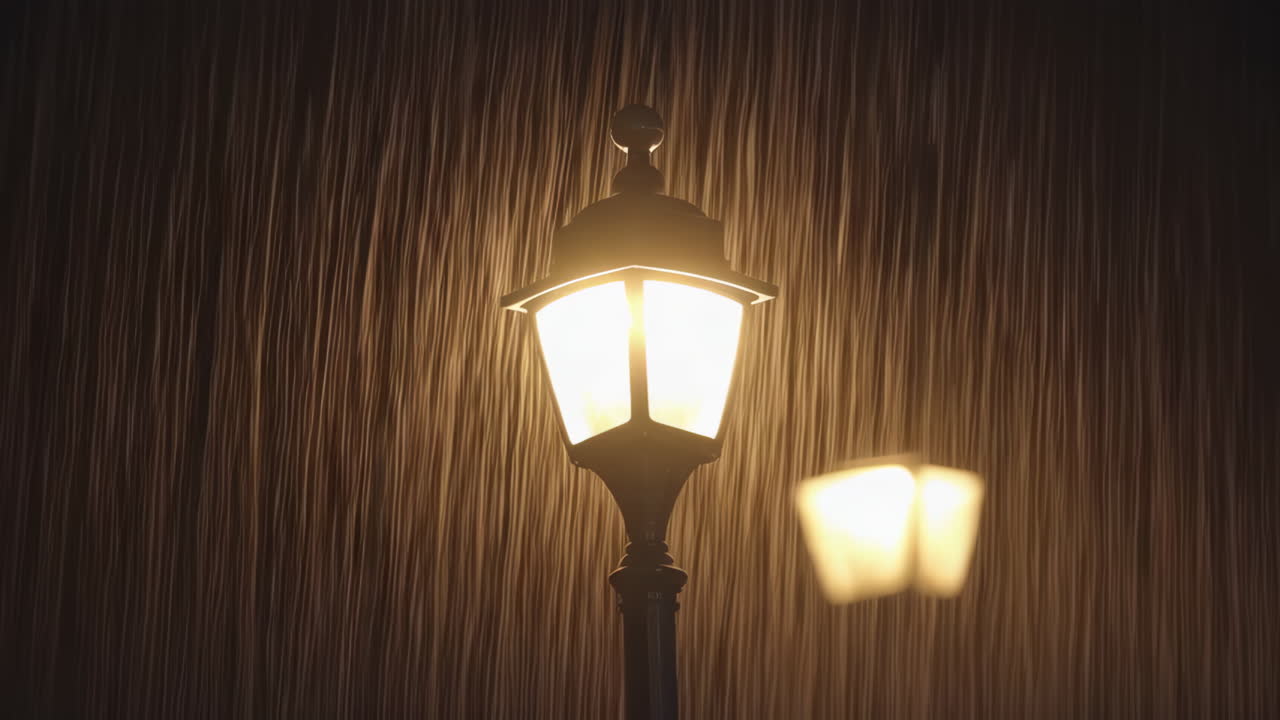 Street Lamp in Heavy Rain at Night
