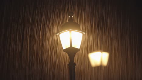 street lamp in heavy rain at night
