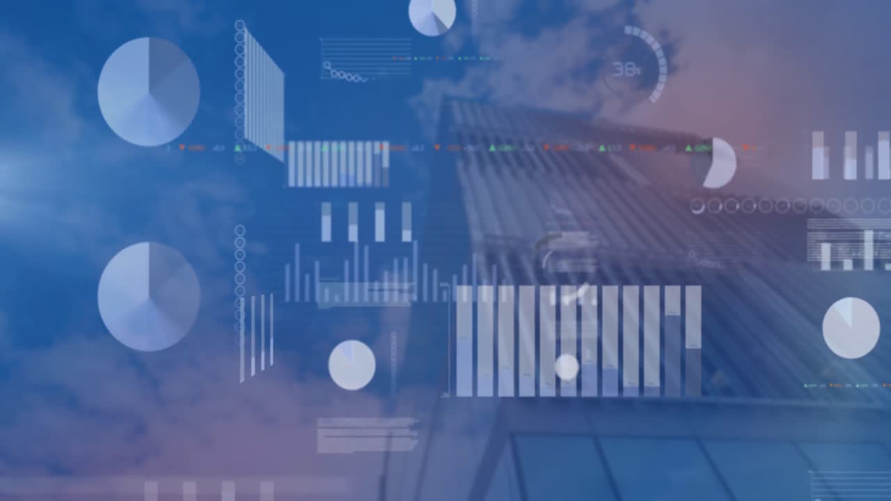 Animation of financial data processing over modern office building