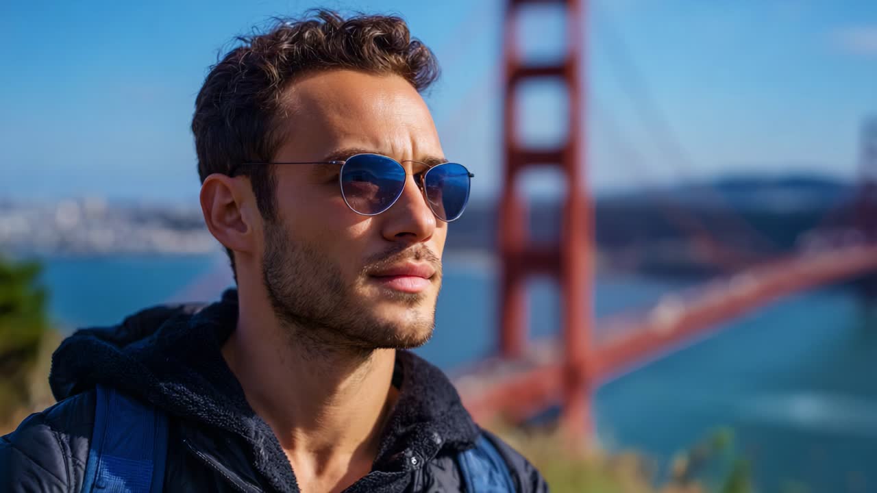 A Thoughtful Man in Sunglasses Overlooking a Scenic Bridge and Ocean During Daylight, Capturing a Moment of Reflection and Serenity in Nature's Beauty