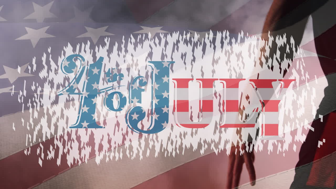 animación del 4 de julio sobre la bandera de ee.uu. y jugador de baloncesto afroamericano