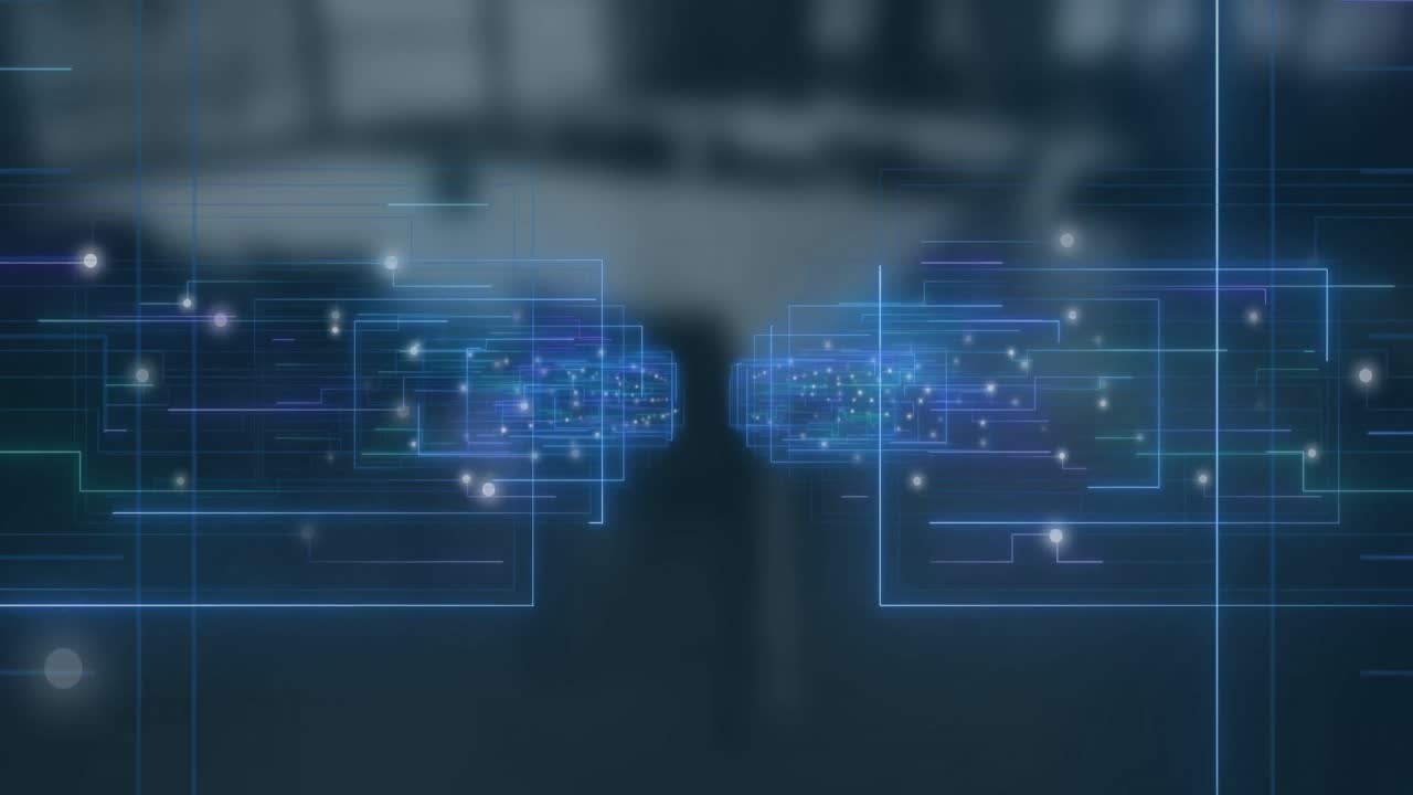 빈 사무실에 대해 움직이는 파란 빛의 트레일의 애니메이션