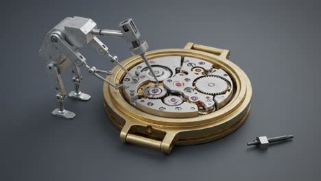 intricate mechanisms: a robotic figure detailing the inner workings of a timepiece with precision tools in a calibrated environment