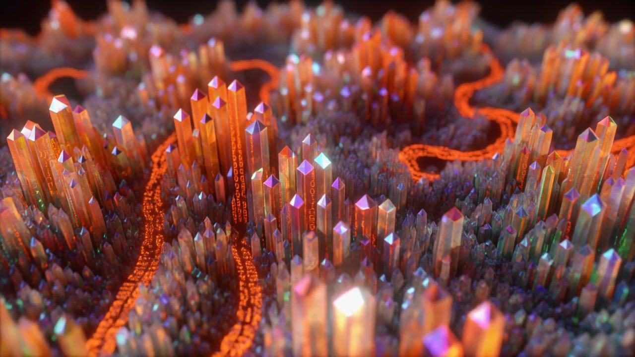 Abstract 3D Animation of Glowing Digital Crystals and Data Streams