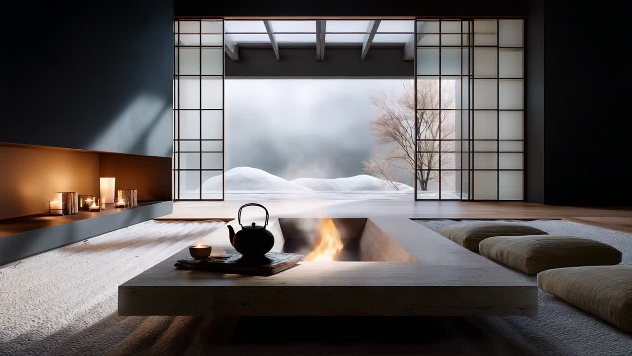 A serene and minimalist interior featuring a traditional Japanese-style hearth, characterized by a low table with a steaming kettle and soft seating, all framed by elegant shoji screens and a winter landscape view