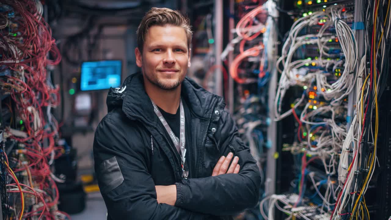 A confident IT professional stands proudly in a server room surrounded by intricate cabling and technology, showcasing expertise in data management and infrastructure