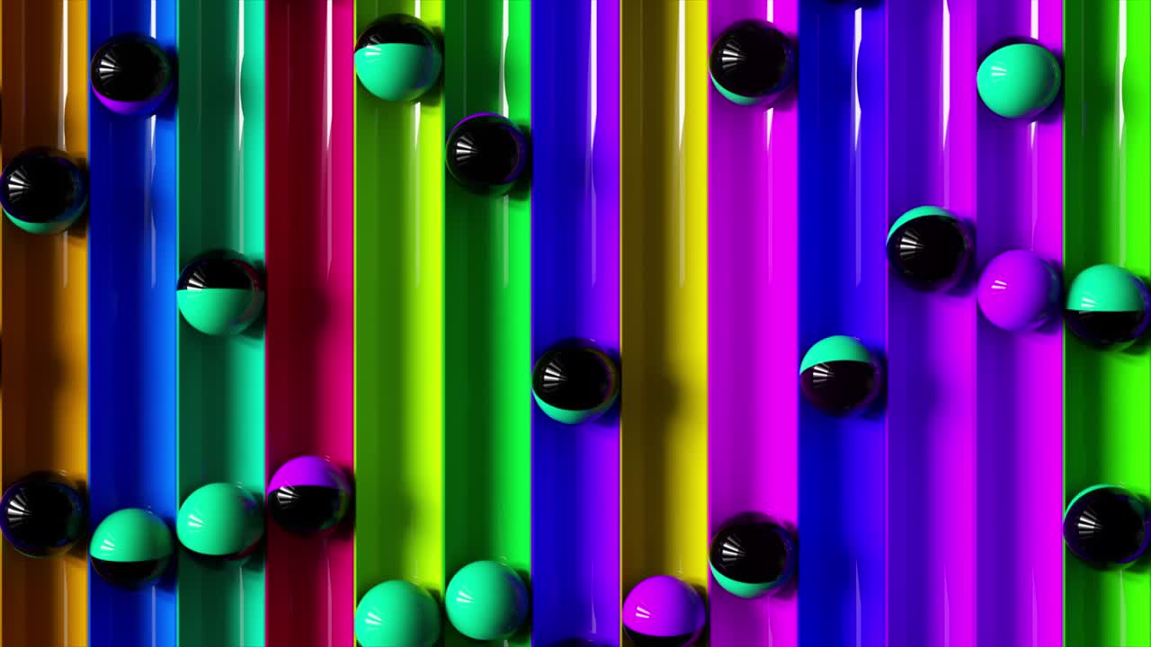 Bright colorful background with rolling balls along the paths. Minimalism and fashion concept. 3d animation of a seamless loop