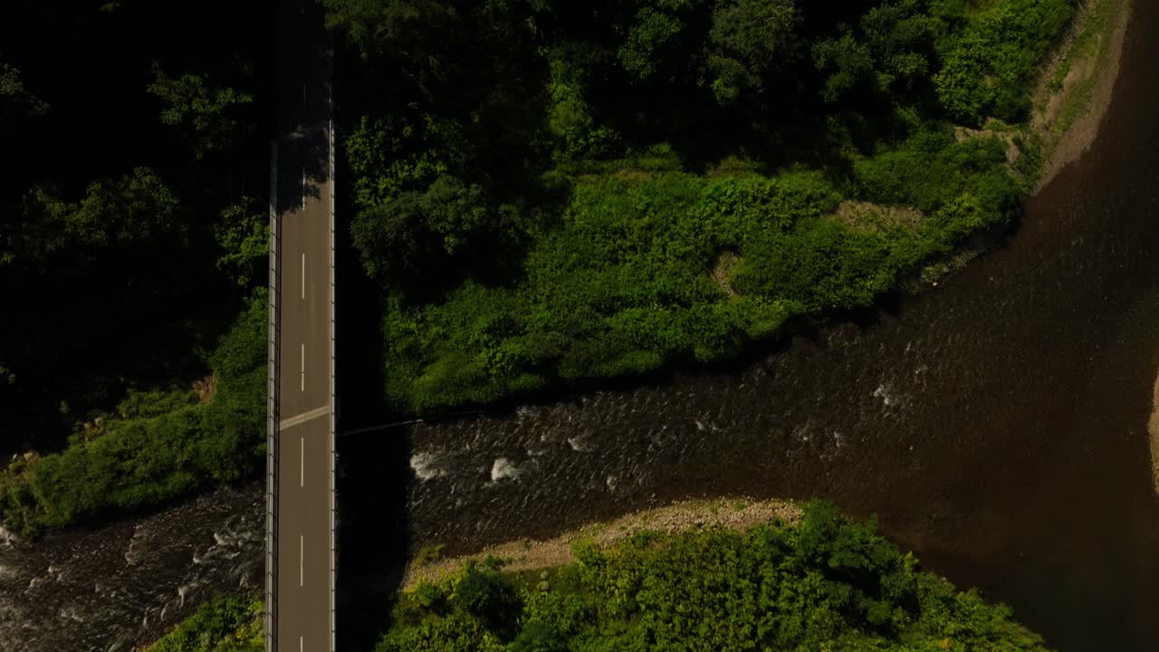 Aerial tops down scenic route in Japanese Hokkaido agricultural green fields, revealing Mount Yotei skyline