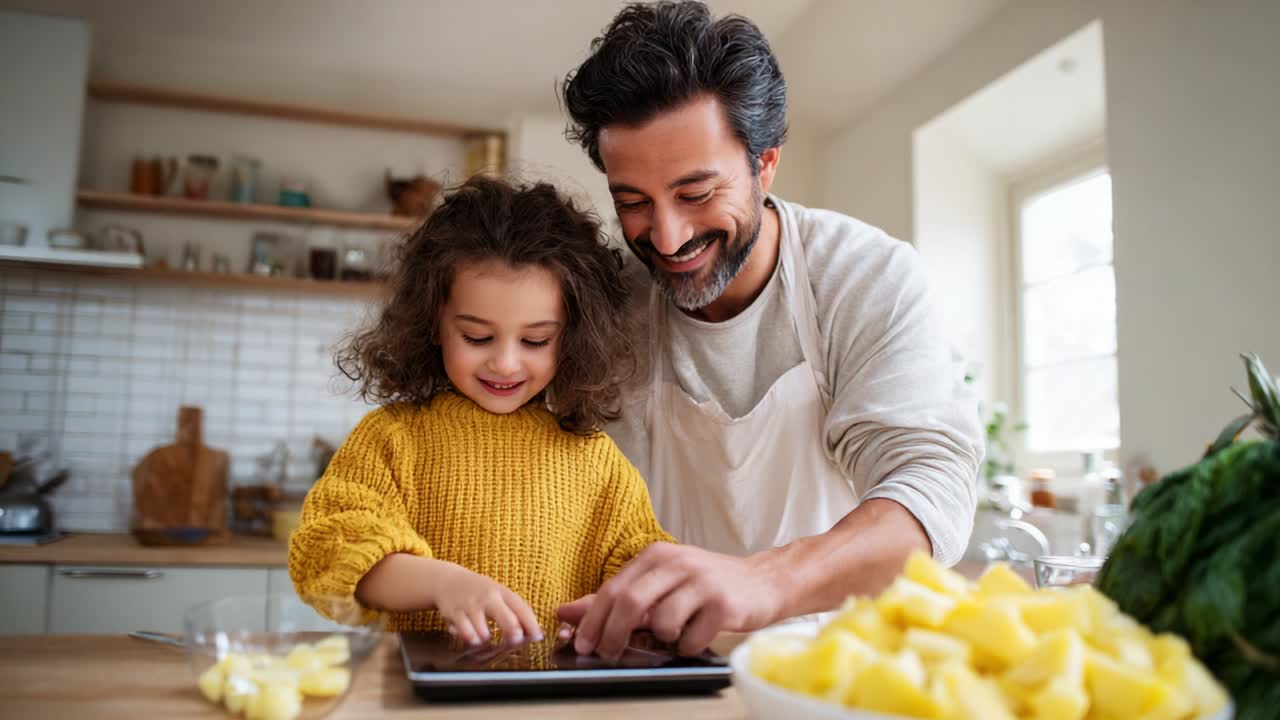 Captivating Cooking Moments: A Joyful Father and Daughter Bond over Tablet and Ingredients in a Bright Kitchen, Creating Memories and Sharing Love for Food and Technology Together