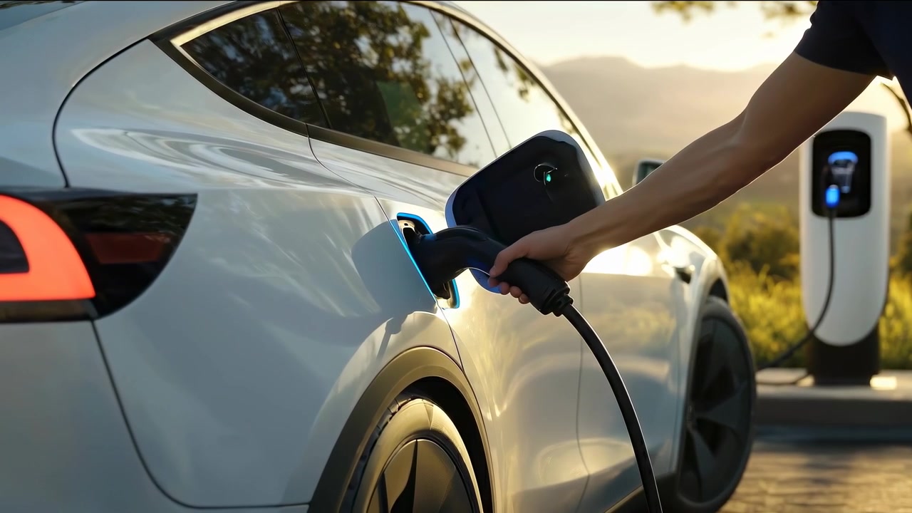 Gün Batımında Elektrikli Arabayı Şarj İstasyonuna Takılan El