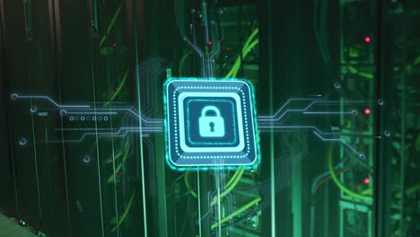 Animation of padlock with connections over server room