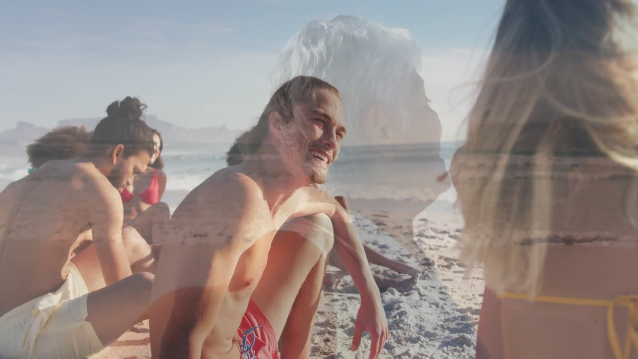 Animation overlay of smiling faces, children playing on sunny beach day