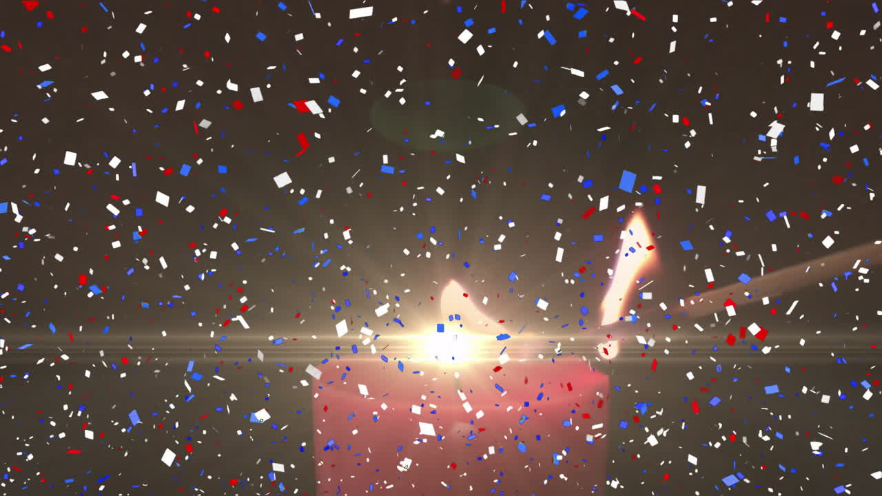 Confetti animation over burning candle in dark background