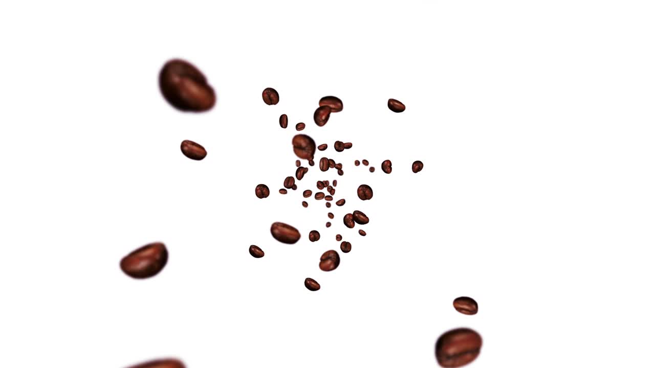 Molti chicchi di caffè che volano su sfondo bianco. Bevanda alla caffeina, Colazione, Aroma. Animazione 3D di chicchi di caffè tostati che ruotano. Animazione in loop