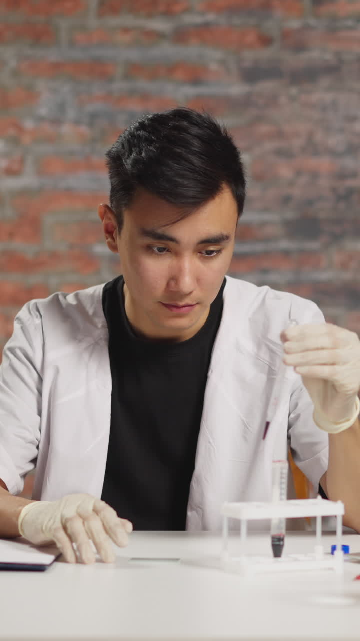 Skilled Asian doctor in white coat takes blood from tube and drips onto cover slip with pipette providing analysing tests in hospital laboratory