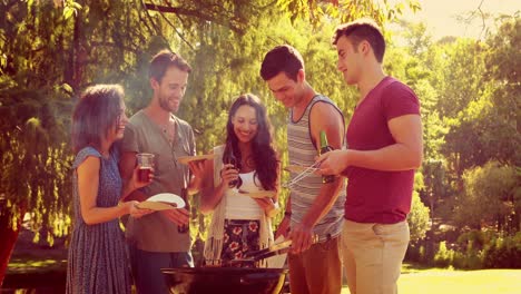 amigos felices en el parque haciendo una barbacoa