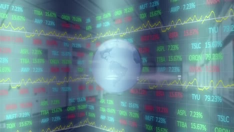 Animation-of-stock-market-data-processing-over-spinning-globe-against-empty-office