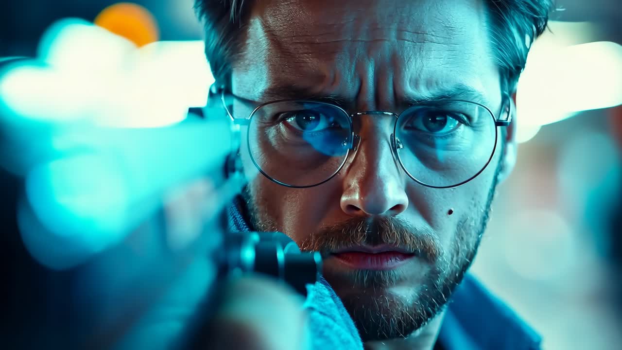 un uomo con gli occhiali che tiene una pistola in mano