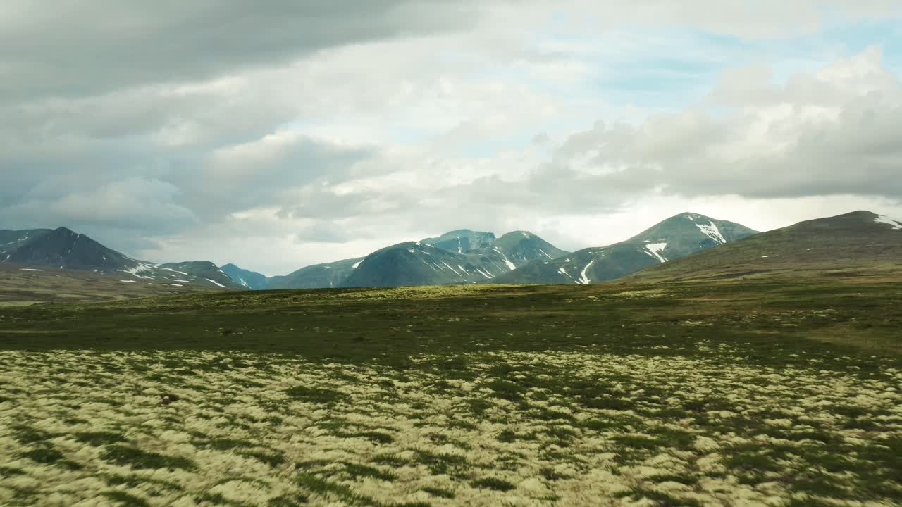 la carretilla aérea baja desciende a los parches de hierba de verde oscuro y claro con las montañas épicas del parque nacional de rondane, condado de innlandet, noruega.