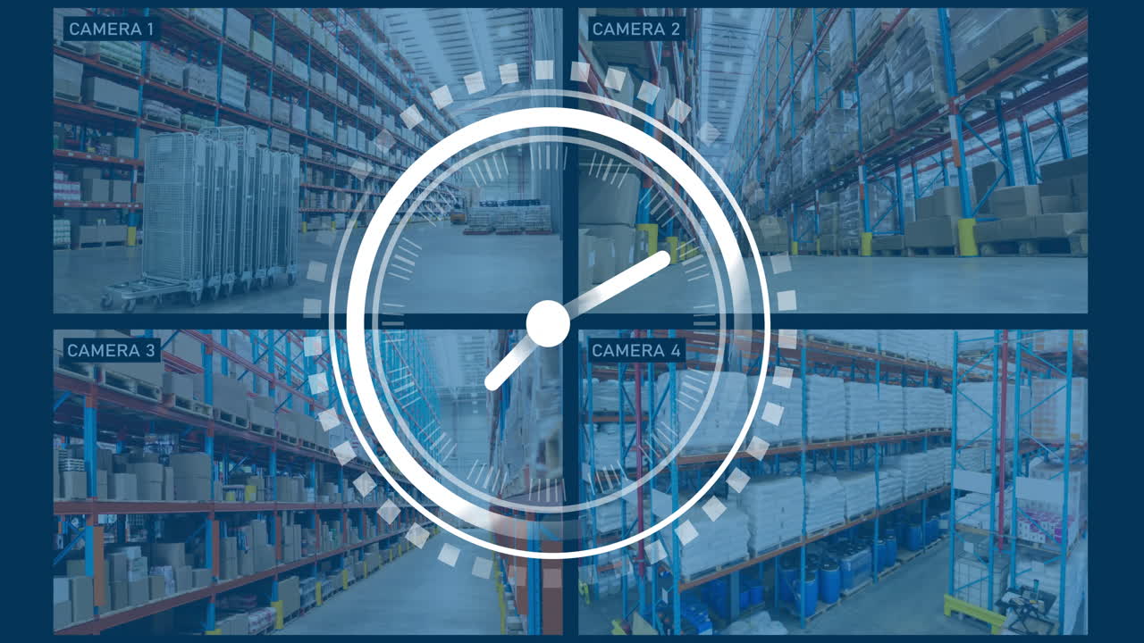 Surveillance camera footage of warehouse aisles with clock animation overlay
