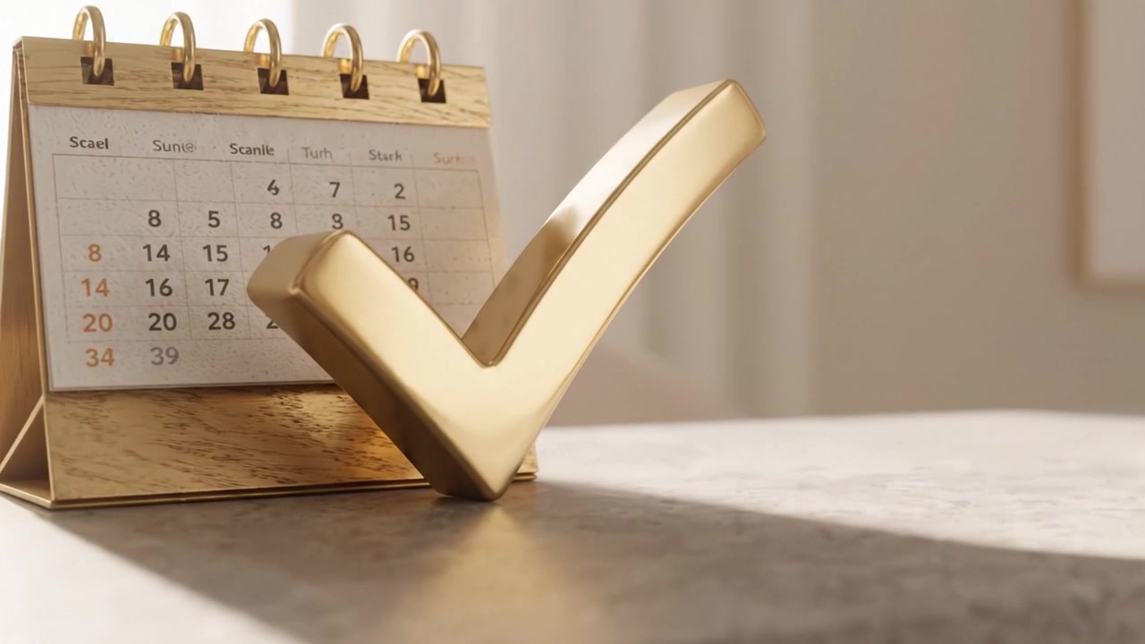 Elegante disposizione della scrivania con un calendario e un segno di spunta dorato che simboleggia organizzazione e successo in uno spazio di lavoro moderno.