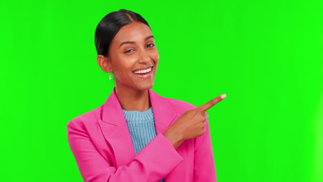 pantalla verde, mujer y retrato de señalando a