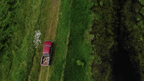 bird's eye view of a red truck traveling on a rough road surrounded with greenfields