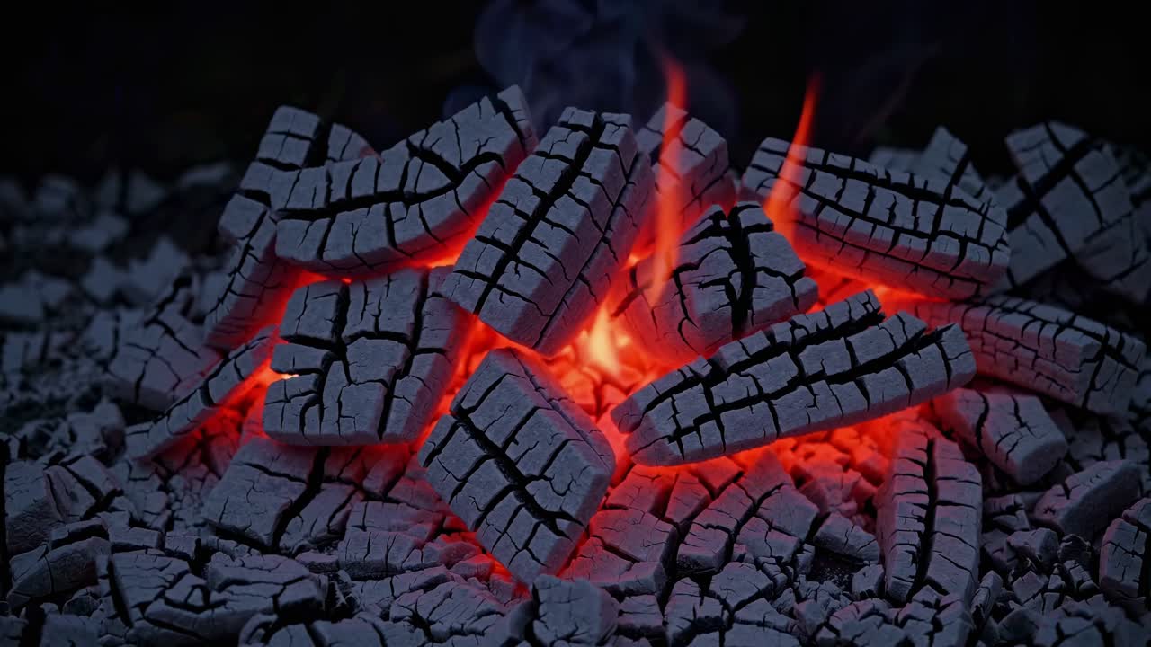 불타는 오렌지색 불꽃과 불타는 석탄 브리켓에서 은 연기가 어두운 재로 인 표면에 어져 강렬한 따뜻함과 시각적 강도를 창조합니다.