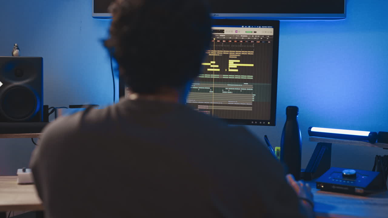 전문 프리랜서 편집자 노트북 데스크 스튜디오 모니터 편집 비디오 오디오 트랙