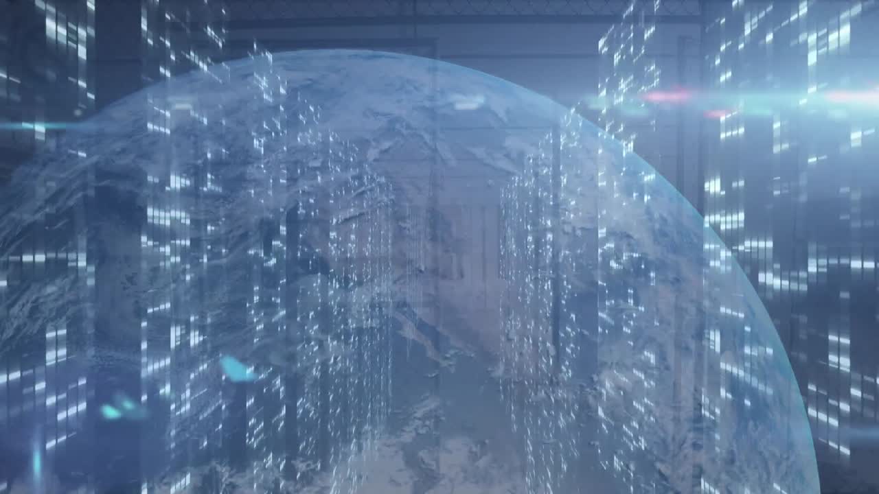 검은색 배경에 회전하는 지구 위에 떨어지는 바 그래프와 렌즈 플레어의 애니메이션