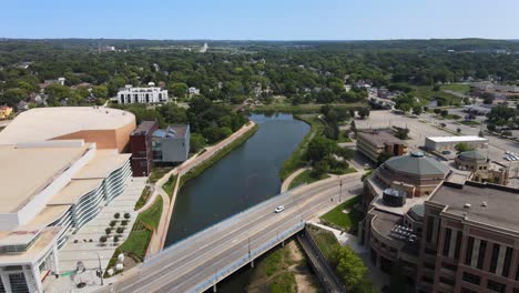 fly over rochester minnesota, river downtown area